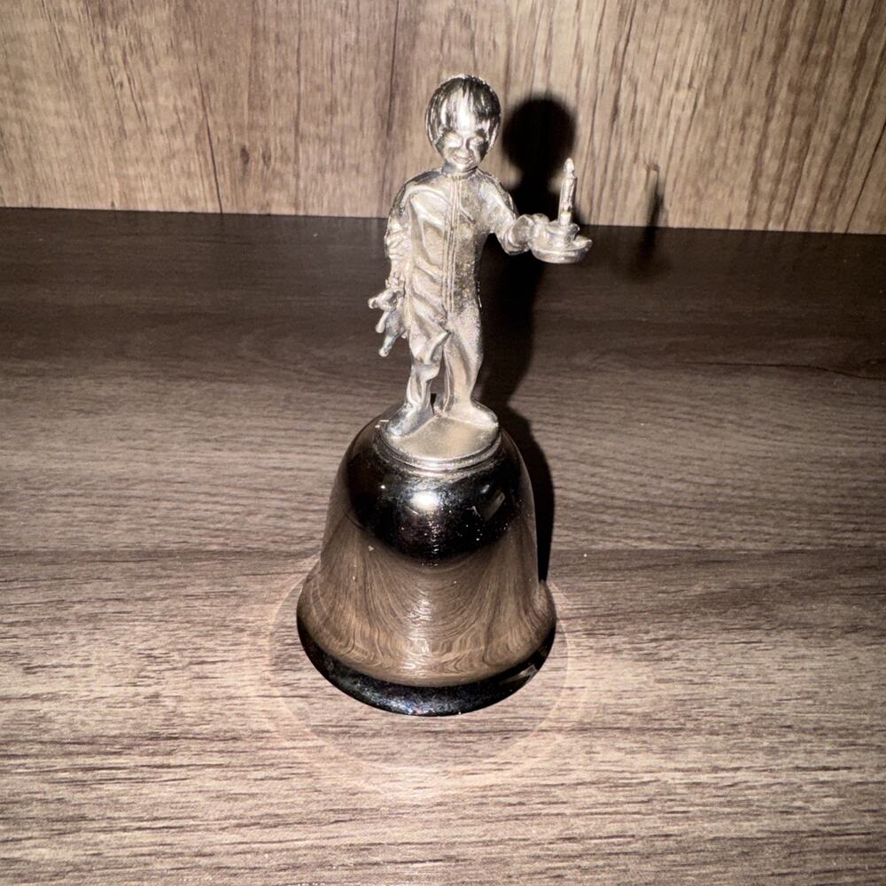 Danbury Mint Pewter/ Silver Plate Christmas Bell Child With Candle And Teddy 4"